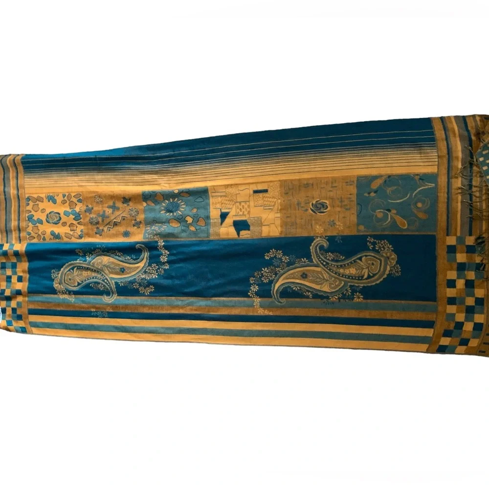 Pashmina Shawl Wrap Scarf Turquoise Gold Paisley Wool Large